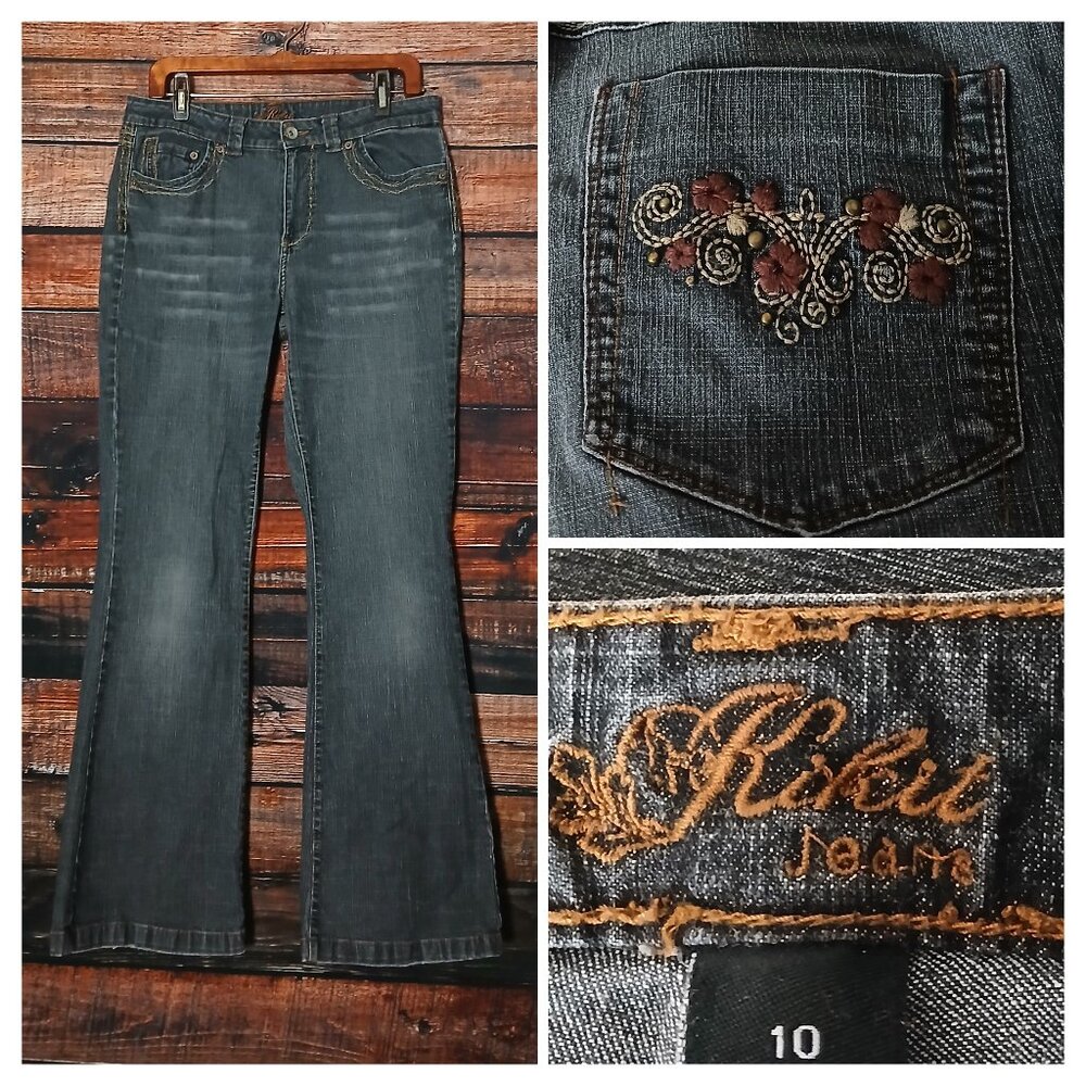 Kikit Vintage Jeans 10 Boot Cut Mid Rise Y2K Embroidered Washed Black Denim